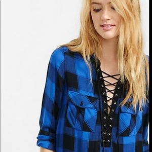 Express blue and black lace up shirt